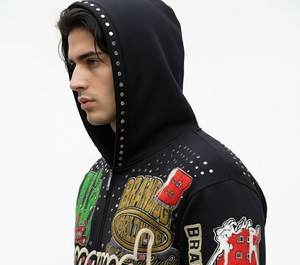 Sudadera con capucha de invierno unisex extragrande de algodón 100% orgánico, con cremallera, pedrería, bordado y patchwork, estilo vintage lavado. - Product Image 4