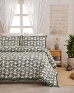 Juego de Cubrecama Acolchado Floral Verde con Ribete Sólido, Ropa de Cama de Algodón Tradicional para Todas las Temporadas - Product Image 2
