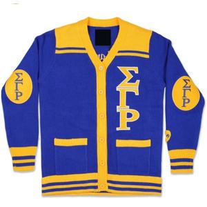 Sigma Gamma Rho Men's Blue Gold Letterman <b>Cardigan</b> <b>Sweater</b> Full Sleeve V-Neck Knit Patch Design Winter Wear Anti-Wrinkle - Product Image 1