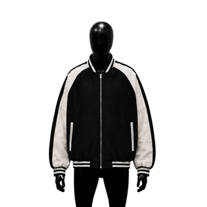 Blouson universitaire noir haut de gamme en laine décontracté avec fermeture éclair, style universitaire, coupe classique, col rabattable, en polyester, la meilleure laine - Product Image 1