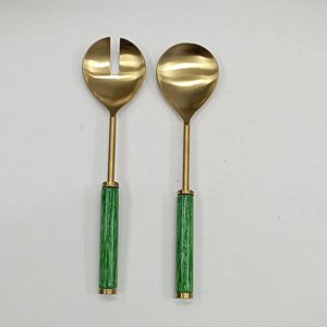American Style Metal Spoon & Fork Set With Brass Gold Leaf Design Handle for Hotels Tabletop Silver Salad <b>Server</b> On Sale - Product Image 6