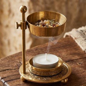 Brûleur d'encens en laiton fait main avec couvercle en treillis et poignée pour usage religieux, fournisseur indien - Product Image 3
