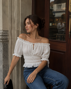 OEM Custom Solid White Cotton Smocked Blouse <b>off</b> <b>the</b> <b>Shoulder</b> Short Puff Sleeve <b>Floral</b> Everyday Beach Vacation Shirts Breathable - Product Image 6