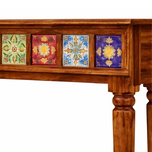 Traditional Solid Wood <b>Console</b> <b>Table</b> | Vintage Turned Leg Wooden <b>Console</b> <b>Table</b> | Hand Painted Tile Accent Entry <b>Table</b> - Product Image 3