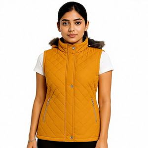 <b>Women</b>’s Mustard Yellow Quilted Sleeveless Winter <b>Jacket</b> <b>with</b> <b>Fur</b> <b>Hood</b> – Stylish Puffer Vest for Warmth - Product Image 1