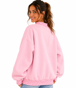 Pull-over décontracté surdimensionné à col montant pour femme, en tissu épais, avec patchwork à carreaux et gingham, style universitaire streetwear, vente en gros personnalisée - Product Image 4
