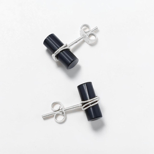 Black Onyx Cylinder <b>Stud</b> <b>Earrings</b> Silver Plated Brass Natural Gemstone Minimalist Cabochon Bar <b>Earrings</b> Wholesale - Product Image 2