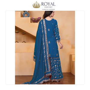 Collection de vêtements indiens de créateurs pour occasions festives, en faux georgette avec broderies de sequins, ensemble sharara, en promotion. - Product Image 3