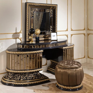 Baroque Turkish Style Luxury Solid Mahogany Dressing <b>Table</b> with Mirror <b>Black</b> Gold Glossy <b>Vanity</b> Set Bedroom Furniture High End - Product Image 2