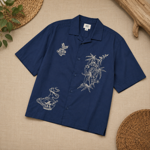 Elegante Camisa Casual de Verano para Hombre, de Popelina de Algodón con Bordado Floral, Manga Corta y Diseño de Líneas Blancas - Product Image 4