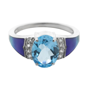 Anillo Ovalado de Plata de Ley 925 de Lujo, Chapado en Rodio, con Topacio Azul y Diseño Lateral de Esmalte Morado para Mujer - Product Image 1