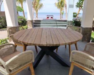 <b>Round</b> Outdoor <b>Dining</b> <b>Table</b> Diameter 150cm Recycled Teak <b>Wood</b> Well Sanded and Black Leg Finish - Product Image 1