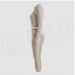 Ensemble de yoga 2 pièces North Approach, fermeture éclair intégrale sur le devant, motif pied-de-poule, taille haute, vêtements de sport sans couture - Product Image 3