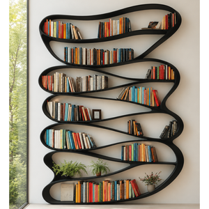 Artistic Modern Wall Mounted <b>Bookshelf</b> with Flowing Wave Design and Luxury <b>Open</b> Display Storage Shelves - Product Image 1