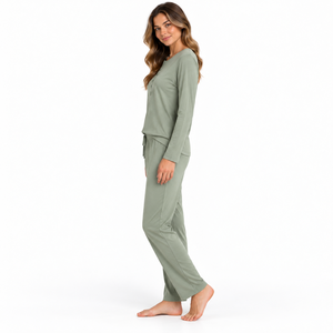 Women's Sage Green <b>Lounge</b> <b>Set</b> Long Sleeve Henley Top Drawstring Straight Leg Pants Casual <b>Two</b> <b>Piece</b> Pajama <b>Set</b> Wholesale OEM B2B - Product Image 2