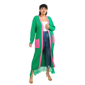 Green & Pink Fringe <b>Cardigan</b> <b>Sweater</b> Long Open Front Knit <b>Cardigan</b> with Contrast Trim and Patch Pockets Women's Outerwear Green - Product Image 1