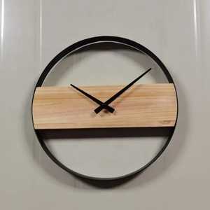 Modern Minimalist Wall <b>Clock</b> Black Metal Hoop with Natural Wood Beam Silent Quartz <b>Movement</b> for Luxury Office Home Living Room - Product Image 1