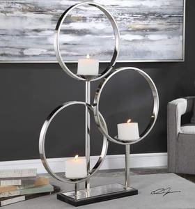 Porte-bougie rond en acier inoxydable de haute qualité, design classique, décoration d'intérieur en métal argenté, cadre en tube, plateau en marbre. - Product Image 2