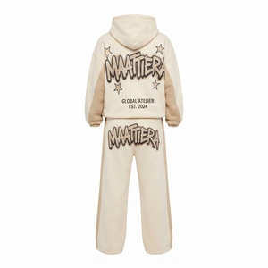 Custom <b>Women</b> Cream Oversized Hoodie and Wide Leg <b>Sweatpants</b> Two Piece Graphic Streetwear Tracksuit Set - Product Image 4