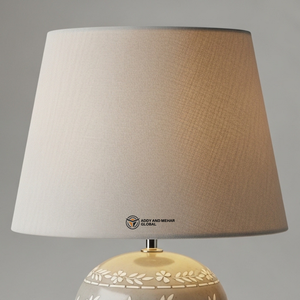 Luxury <b>Round</b> Bone Inlay <b>Table</b> Lamp with Beige Fabric Shade | Handcrafted Floral Inlay <b>Bedside</b> Lamp - Product Image 5