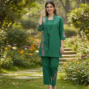 Women's <b>Green</b> Embroidered Cotton 3-Piece Set Three Quarter Sleeve Floral Pattern Jacket <b>Cami</b> Trouser Set All Seasons Wear - Product Image 5