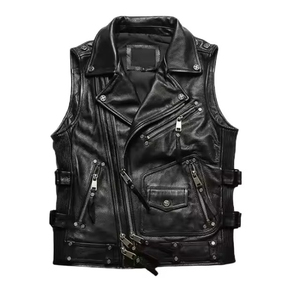 <b>Men's</b> Stylish Casual <b>Leather</b> <b>Vest</b> Retro Trendy Motorcycle Rider Jacket Western Cowboy Windproof Knitted Breathable Outer Wear - Product Image 5