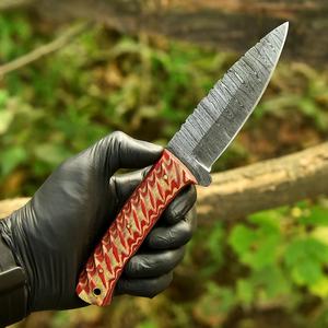 Couteau de plein air à lame fixe en acier Damas, manche droit en résine rouge, outil utilitaire de camping EDC à lame pleine, étui en cuir, ODM OEM - Product Image 3