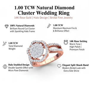 Anillo de Boda con Diamantes Redondos de 1.00 Quilates, 100% Naturales, para Mujer, en Oro Rosa de 14K | Anillo de Compromiso con Incrustaciones de Diamantes Halo, Joyería Fina - Product Image 5