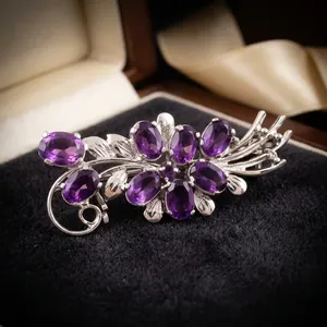 Women's Purple Oval Amethyst Stone Brooch Silver Tone Flower Leaf Pin Faceted Jewelry <b>Accessory</b> for Party <b>Wedding</b> Garment - Product Image 6