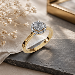 Anillo de Compromiso con Halo de Diamantes Cultivados en Laboratorio, Corte Redondo, Certificado por IGI, en Oro de 10K/14K/18K, Plata 925/935, Moderno, para Aniversario o Boda - Product Image 1