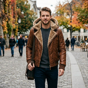 Veste en cuir classique pour homme avec fermeture éclair et coupe ajustée, veste d'hiver en cuir élégante pour homme avec col rabattable - Product Image 1