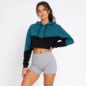 Wholesale Winter Woven Front Logo <b>Long</b> <b>Sleeve</b> Cropped Hoodie Women's <b>Crop</b> Top Pullover Short Hoodies OEM Custom Service - Product Image 4