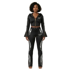 Custom Logo OEM Summer Women's Streetwear Tracksuits 2-Piece <b>Set</b> Zipper-Up Hoodie Flare Pants Breathable Women Two Piece <b>Set</b> - Product Image 1