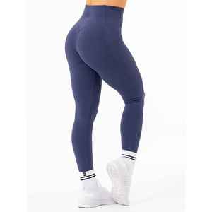 Leggings de sport pour femme, taille haute, longueur intégrale, bleu marine uni, sans couture, tricotés, extensibles et respirants - Product Image 2