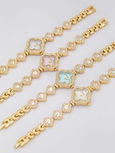 Montre de luxe pour femme à mouvement Citizen, trèfle à quatre feuilles, quartz, bracelet en alliage plaqué or avec diamants, verre vert menthe 28 mm, aiguilles - Product Image 4
