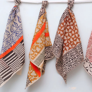 100% Cotton Hand Block Printed Bandanas - Bohemian <b>Style</b> Square <b>Head</b> Scarves - Artisan Geometric & Paisley Print Hair Wraps. - Product Image 1