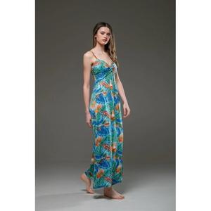 เดรสยาวพิมพ์ลายทรอปิคอลสีน้ำเงินสำหรับผู้หญิง คอวี แขนบาน เอวธรรมชาติ ผ้าฝ้าย 100% เป็นมิตรกับสิ่งแวดล้อม เหมาะสำหรับใส่ไปทะเลช่วงฤดูร้อน ดีไซน์เก๋ไก๋ - Product Image 4