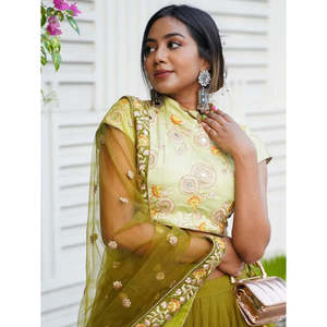 Ravishing <b>Green</b> Mirror Embroidered <b>Net</b> Lehenga Choli for Wedding Reception - Product Image 3