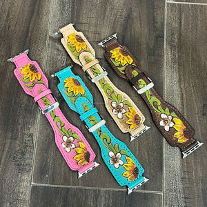 2026 Women Fashionable Hand <b>Tooled</b> Genuine Leather <b>Watch</b> Band Retro Style Sunflower Design Breathable Smart <b>Watch</b> <b>Strap</b> for Gift - Product Image 5