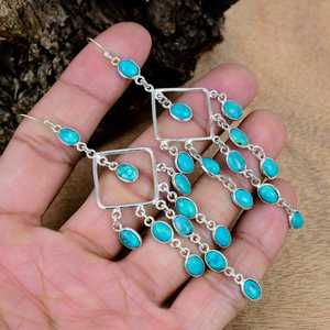 Boucles d'oreilles pendantes géométriques bohèmes vintage en argent sterling 925 faites à la main avec turquoise et pierres multiples - Product Image 3