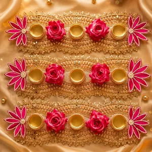 Support de bougie ovale doré avec roses roses et broderie florale pour la décoration de mariage et de la maison - Product Image 3