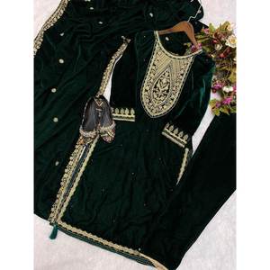 FANTAISIE VELOURS BRODERIE SEQUENCE TRAVAIL HAUT BAS AVEC DUPATTA VERT - Product Image 2