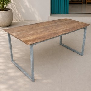 Industrial Outdoor Live Edge Teak Wood Dining Table with Metal Frame <b>Rectangular</b> Design for Patio Use Model TAB40 - Product Image 1