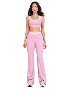 Women Light Pink White Contrast Sports Bra And Flare Pants Set High Waist <b>Stretch</b> Yoga Fitness Gym Wear Custom OEM Wholesale - Product Image 1