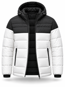 Men's Black White Color Blocking Hooded Puffer <b>Jacket</b> Winter Windproof Waterproof Quick Dry <b>Casual</b> Zipper Front Thick Polyester - Product Image 4