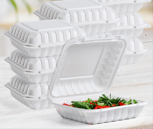 Contenants alimentaires compostables, biodégradables, écologiques, imperméables et résistants, en forme de coquille, 8x8 pouces, blancs, fabriqués en bagasse de canne à sucre - Product Image 6