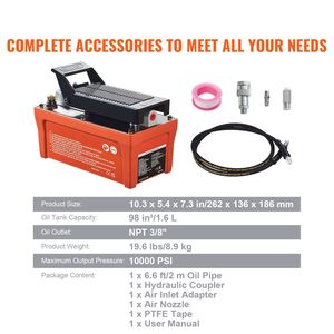Pompe hydraulique pneumatique 10 000 PSI, réservoir de 1/2 gallon, sortie d'huile 3/8 po, entrée 1/4 po, tuyau de 6,6 pi, équipement de réparation de carrosserie actionné au pied - Product Image 3