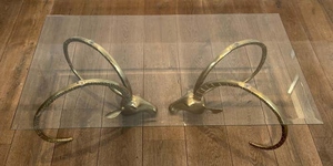 Vintage design brass ibex horn coffee <b>table</b> with beveled glass top sculptural animal horn base luxury safari style center <b>table</b> - Product Image 2