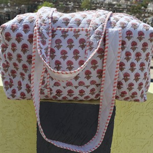 Handmade Cotton Quilted Duffle Bag With Floral Print And Striped Handles <b>Large</b> Capacity Travel Weekender Bag - Product Image 3