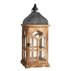 Farmhouse Wood Lantern Home Decor Wood Finish Wooden <b>Hurricane</b> Lantern with Galvanized Metal Top for Indoor Outdoor Use - Product Image 1